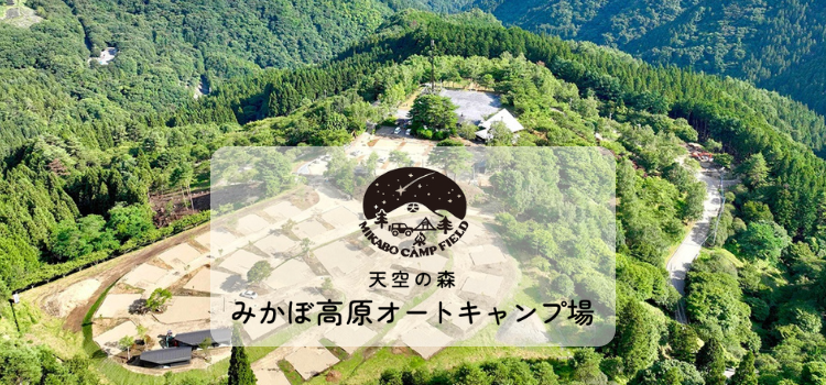 ドローンで上空から撮影した山の緑に囲まれたキャンプ場