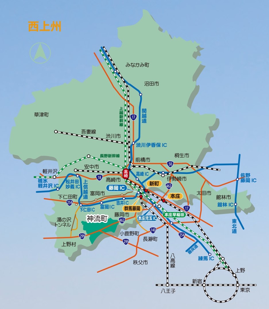 周辺自治体から神流町へのアクセスを示した地図