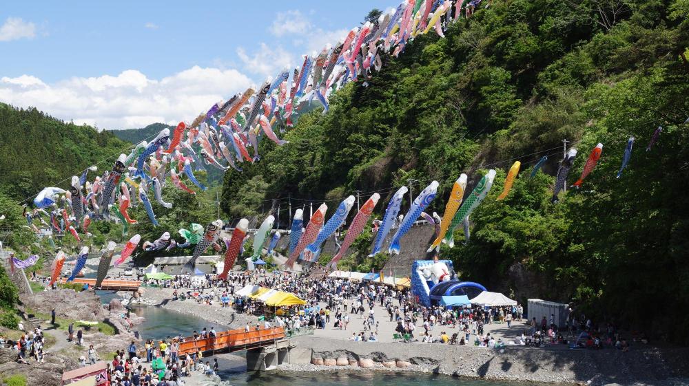 山間の河川敷の上を気持ちよさそうに泳ぐ鯉のぼり